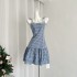 RAINY Sweet plaid patchwork lace bow suspender dress summer women's short plaid dress