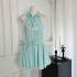 QDQD Green Hanging Neck Dress, Women's Summer New Style, Sweet and Lace Splicing Short Sleeveless Waist Skirt