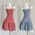 RAINY Sweet plaid patchwork lace bow suspender dress summer women's short plaid dress