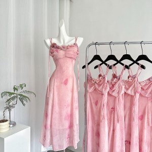 Acaine Pink Long Chiffon Printed V-neck Waist Strap A-line Dress Women's Summer French Style Dress