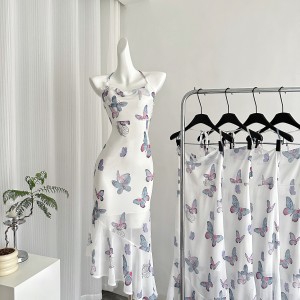 Catyears Butterfly Dance in the Year of the Cat~French Style Strap Tail Tail Long Dress with Bareback Butterfly Print Dress