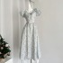 VASSE French style girls' round neck printed bubble sleeve dress with summer waist strap and high-end feeling long skirt