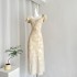 DATAO Large Ceramic Clear Jacquard Cotton and Hemp Dress, Summer French Retro High End, Waist cinching and slimming Long Dress