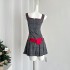 LATTITUDE/Yang Xiaolu Butterfly Knot Grid Color Contrasting Strap pleated Dress