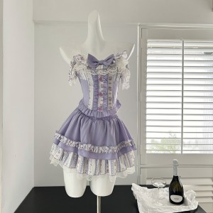 Sweet and soft girl slimming high waisted top and skirt set R6328-1H