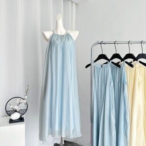 Hhyii Iris Summer Blue Tencel Hanging Neck Dress for Women Summer Sleeveless Flaw Style A-line Skirt