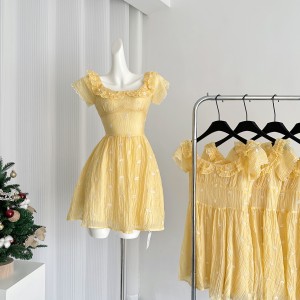 Acaine Sweet Tea Girl/Medium length Yellow Flying Sleeve Ruffle Short sleeved Dress for Women Summer French Dress