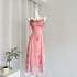 Acaine Pink Long Chiffon Printed V-neck Waist Strap A-line Dress Women's Summer French Style Dress