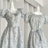 VASSE French style girls' round neck printed bubble sleeve dress with summer waist strap and high-end feeling long skirt