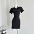 Wang Girls' Shop Black Collar Short Sleeve Knitted Dress 2024 Summer Retro Printed Waist slimming Dress