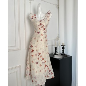 French U-neck dress for women in summer, romantic atmosphere, elegant butterfly print waist cinching long skirt