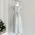 VASSE French style girls' round neck printed bubble sleeve dress with summer waist strap and high-end feeling long skirt