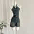 CHENJIAZHEN hanging neck denim jumpsuit women's summer pure desire style backless sexy rolled edge A-line wide leg shorts