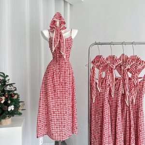 Red People's Pavilion camisole dress for women's summer 2024 new style temperament French light luxury high-end feeling plaid long skirt