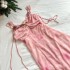 Acaine Pink Long Chiffon Printed V-neck Waist Strap A-line Dress Women's Summer French Style Dress