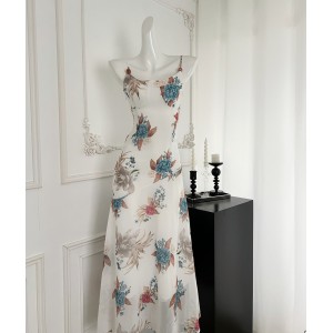 MOSS STUDIO Blue Jade and White Chinese Style New Chinese Style Strap Large Flower Dress Summer Medium Long Dress for Women