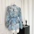 TOUCHIN positioning oil painting printed silk dress with vacation style V-neck lantern sleeves ruffle edge short skirt