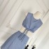 Luamos Summer Blue Small Grid Lace Splicing Bow Design Shows Thin and Elegant Dress for Women