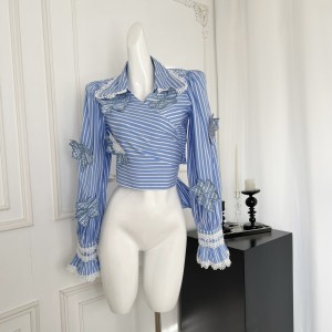 Top Blue Striped Flower Hollow Strap Long Sleeve Shirt