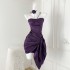 Flower hanging neck satin sexy dress for women's spring short style temperament strapless skirt