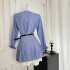 College style blue and white striped shirt set skirt doll collar top/skirt