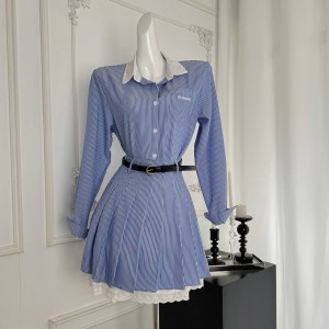 College style blue and white striped shirt set skirt doll collar top/skirt