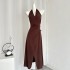 YUYUREAL Hawaiian Beloved V-neck Hanging Neck Tencel Dress for Women in Summer, with a waist cinched and slit open backed long skirt