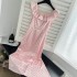 French romantic slim lace ruffled polka dot satin dress