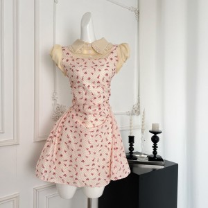 Puff SHEEN French style small fragrance pink love girl princess dress medium long polka dot suspender dress