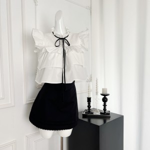 Strap up small fly sleeve thousand layer top bow small straight tube half skirt short skirt