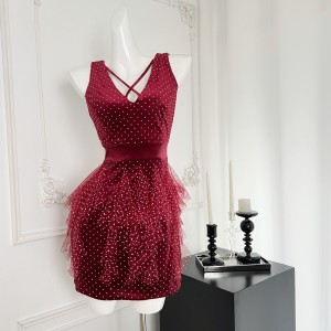 Roselyn burgundy velvet polka dot mesh puffy dress with women's V-neck design and waist and hip cinching dress