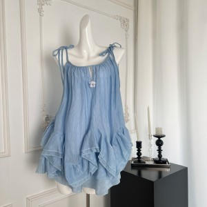 RECOMIN R1C Blue Super Fairy Seaside Resort Strap Dress Top Skirt Set Women's Summer Loose