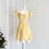 Acaine Sweet Tea Girl/Medium length Yellow Flying Sleeve Ruffle Short sleeved Dress for Women Summer French Dress