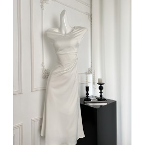 V-neck satin simple dress with high-end temperament, niche fishtail long skirt