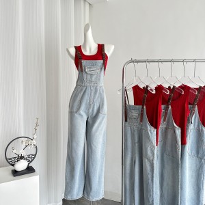 Hong Kong style high-end set, women's college style age reducing denim overalls two-piece set, explosive street trend summer 2024 new item