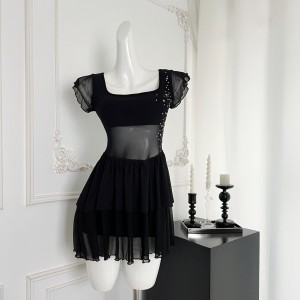 Suuuicee Ballet Black Mesh Perspective Sexy Short Sleeve Dress with Concealed Waist Splicing Pure Desire Short Skirt