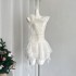 FairyJiang's new summer white sloping shoulder chiffon dress with waist cinching and short fairy cake skirt featuring flowers