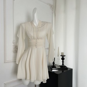 FairyJiang's new summer style fairy V-neck pleated white chiffon dress with a cinched waist and A-line short skirt