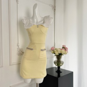 Lazy Didi Fairy Tale Little Deer Xiaoxiangxiang Dress, Gold A-Character Doll Collar, Waist cinching, Slimming Short Skirt