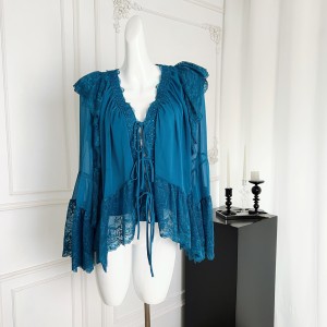 Roselyn original temperament socialite peacock blue lace fairy style lazy pure desire shirt trumpet sleeve sexy top