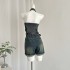 CHENJIAZHEN hanging neck denim jumpsuit women's summer pure desire style backless sexy rolled edge A-line wide leg shorts