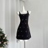 Summer Home Black Hand sewn Flower Strap Dress for Women, Short and Thin Summer Small Fragrant Short Skirt