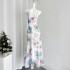 MOSS STUDIO Blue Jade and White Chinese Style New Chinese Style Strap Large Flower Dress Summer Medium Long Dress for Women