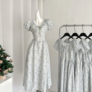 VASSE French style girls' round neck printed bubble sleeve dress with summer waist strap and high-end feeling long skirt