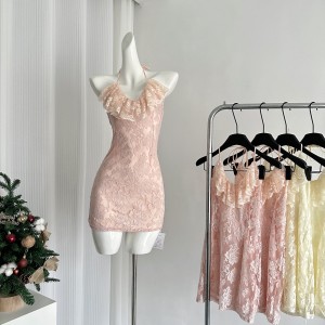 07/16 20:00 Your Lazy Llan Illusion Rose Romantic Two Color Hanging Neck Lace Dress