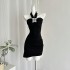 JMSHOP Star Track Party Hot Girl Hanging Neck Dress Women Summer Black Irregular Dress/Flower Top