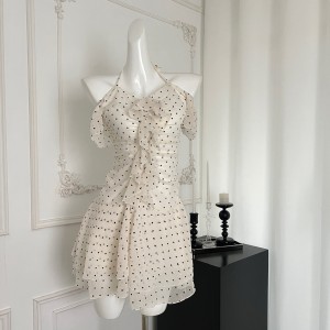 DREAM SEVEN77 neck hanging short sleeved polka dot design for women's 2024 summer temperament French slimming dress