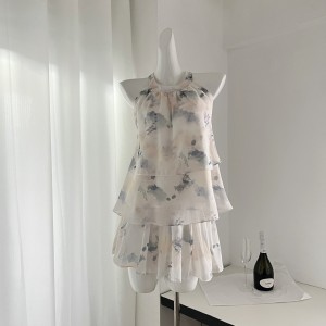 Ss PRIVE Soft Mist Flower Sea Ink Printing Neck Hanging Sleeveless Small Neck Hanging Top+Short Skirt Set