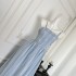 Blue plaid lace slimming and high-end feeling, detachable suspender, strapless long skirt for women