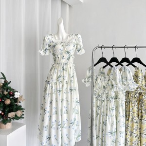 Miss Chipmunk Secret Garden Romantic French Holiday Style Dress for Women Summer Sweet and Playful Waist up Long Dress